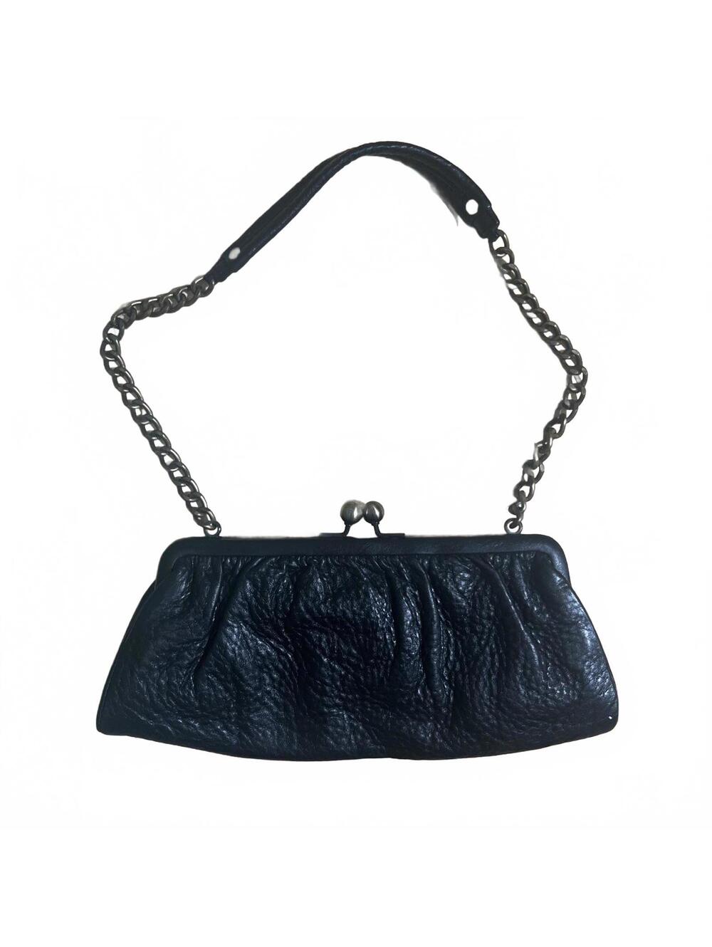 Talbots Y2K Black Pebbled Leather Clutch with Chain Strap Vintage Kiss Lock